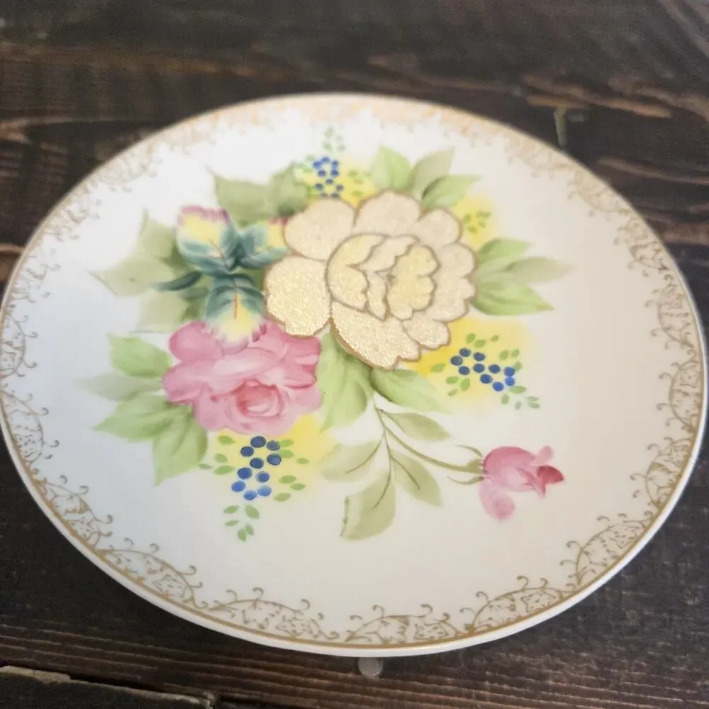 Vintage Wheelock Peoria Japan Raised Yellow Rose Pink Roses Collector Plate